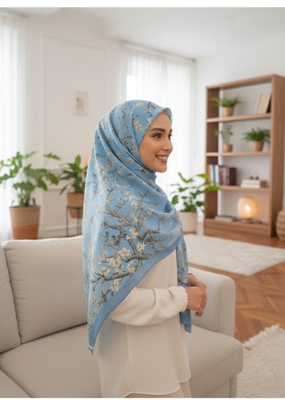 Eyfel Pamuklu Soft Özel Seri Şal Etnik & Çiçekli Desen, Orjinal, Tesettür Giyim, Yeni Koleksiyon Mavi