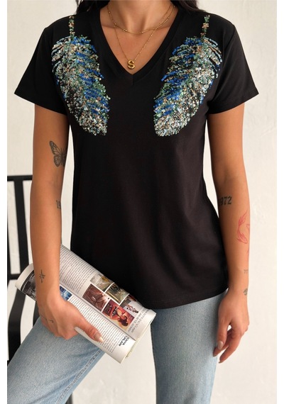 Femelle Kadın Siyah V Yaka Omzu Yaprak Pul Payet İşlemeli %100 Pamuk T-shirt - Fem8