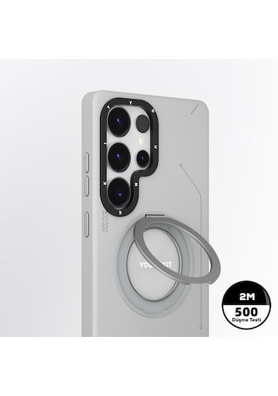 Galaxy S25 Ultra Kılıf Magsafe Uyumlu 360 Standlı Mat Deri Youngkit Tech Leather Kapak Gri