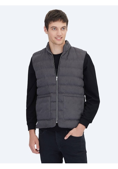 Kip Gri Regular Fit Dik Yaka Casual Dokuma Spor Yelek Gri