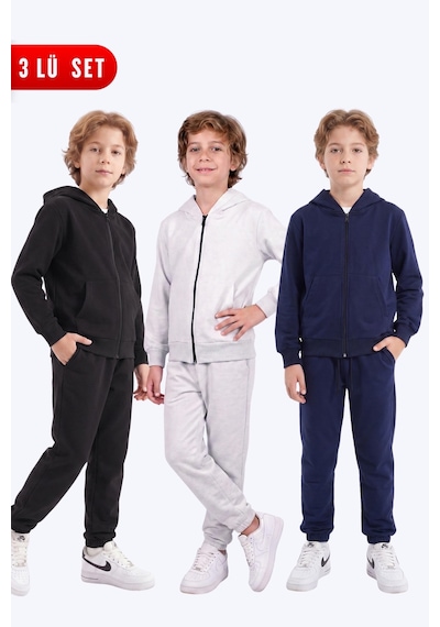 Fyk Kids Erkek Çocuk 3'lü Düz Basic Fermuarlı Kapüşonlu Çift Cepli Eşofman Takımı Siyah-gri-lacivert