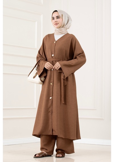 Sevitli Düğmeli Davin Abaya İkili Takım-kahverengi-5978