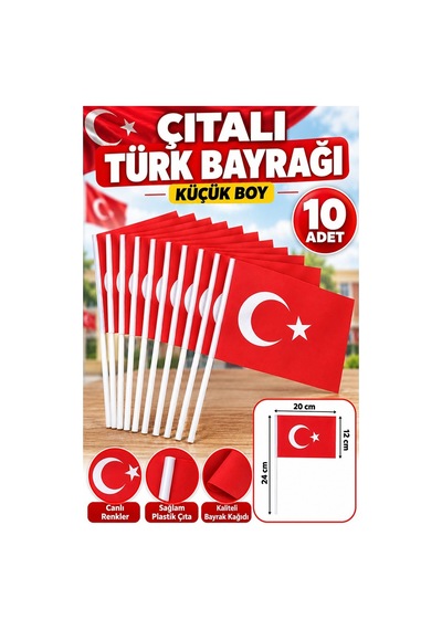 Çıtalı Bayrak Kağıt 20x12 Cm 10 Adet Ay Yıldızlı Türk Bayrağı Çıtalı Sopalı Küçük Bayrak Plastik Çubuklu Bayrak Diğer