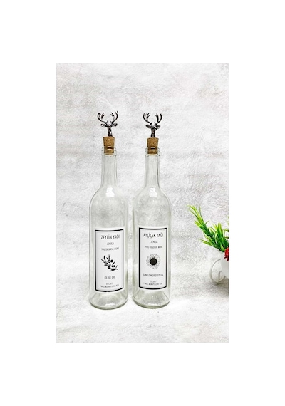 Tr Siyah Geyik Tıpalı Şeffaf Cam Şişe 2'li 750 Ml Zeytinyağı Sıvıyağ Etiketli Yağdanlık Yağlık Genel