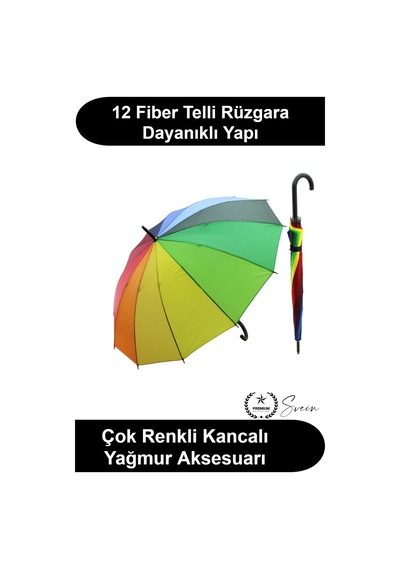 Svein Gökkuşağı Şemsiye 12 Fiber Telli Siyah Baston Saplı Rengarenk Geniş Koruma Alanlı Su İtici Kumaş Rüz Çok Renkli