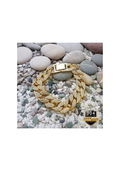 18k Altın Kaplama 15mm Buzlu Cuban Bileklik,taşlı Miami Curb Iced Out, Ahşap Kutu İçerisinde Altın Altın