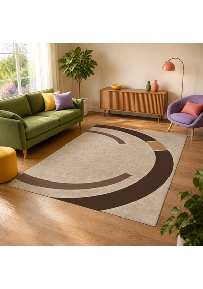 Kartela Halı Yörünge Daire Desenli Modern Halı Kahverengi Kaymaz Taban 160x240 Cm