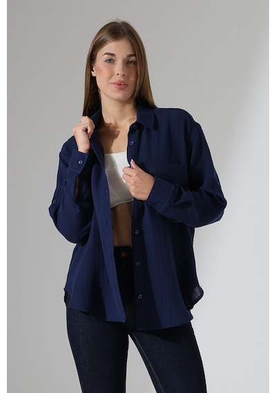 Oversize Basic Müslin Gömlek Lacivert
