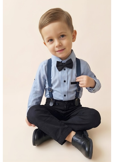 Modanino Erkek Bebek 4'lü Takım Set Pantolon+gömlek+askılı Kemer+papyon 12631 mavi