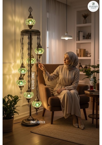 El Yapımı Otantik Mozaik Lambader 7 Li 6+1 Camlı Yeşil - 857622442 Diğer