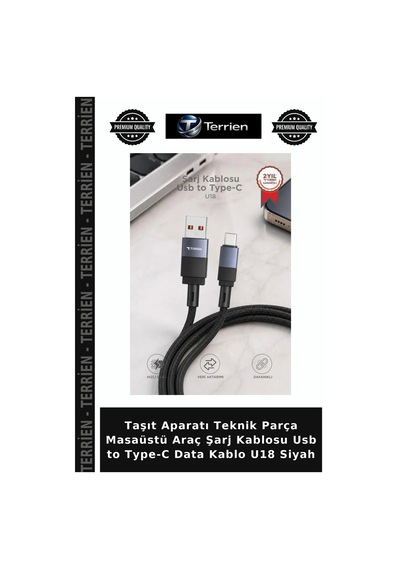 Taşıt Aparatı Teknik Parça Masaüstü Araç Şarj Kablosu Usb To Type-c Data Kablo U18 Siyah
