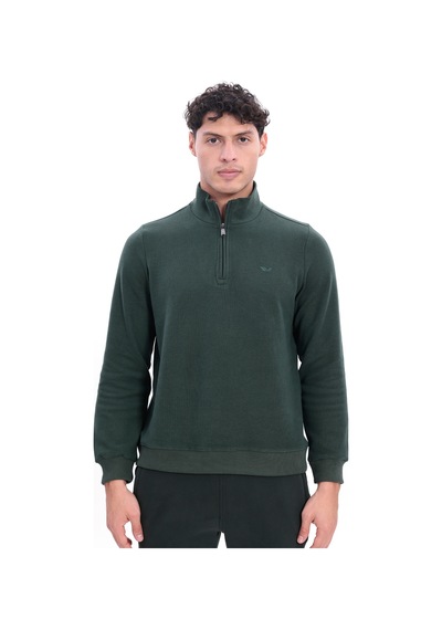 Rowinger Yarım Fermuarlı Dik Yaka Selanik Örme Erkek Sweatshirt Darkgreen