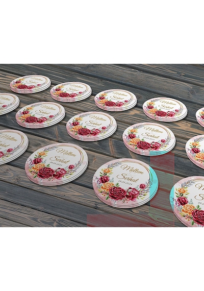 Kırmızı Gül Düğün Etiket Modeli Ürünlerinize Öze 3cm - 130 Adet Folyo Sticker Renkli