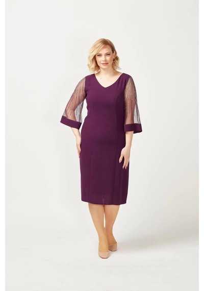 Moda Berray 1349 Mürdüm Kolları Taş Işlemeli Şık Büyük Beden Kısa Abiye Mürdüm