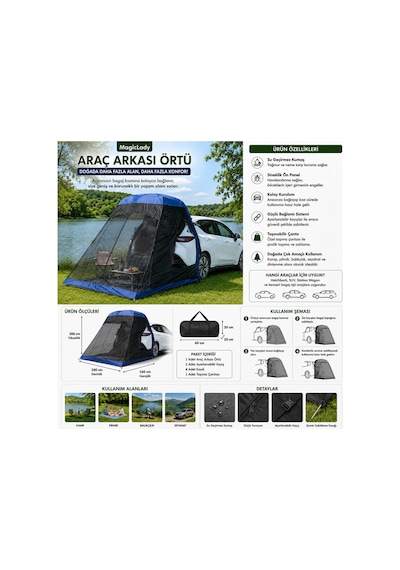 Araç Arkası Kamp Çadırı Sineklikli Su Geçirmez Piknik Balıkçılık Seyahat Gölgelik Örtüsü Lacivert