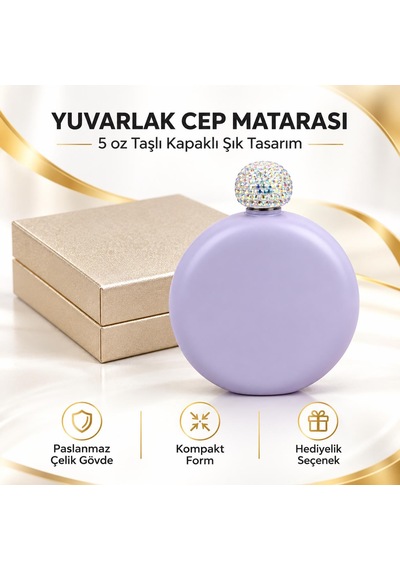 Lüks Taş İşlemeli Renkli Paslanmaz Çelik İçki Matarası 5 Oz 150 Ml. Cep Çanta Kamp Outdoor Hediyelik Lila
