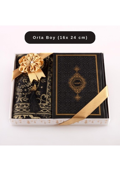 Kuran + Seccade + Tesbih Hediye Seti Orta Boy, Termo Deri, Desenli Kutu, Siyah