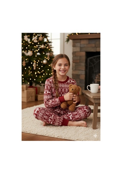 Hvç Hvc Çocuk Noel Yılbaşı Pijama Takımı Unisex Kırmızı / Yılbaşı Desenli