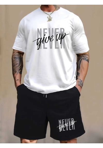 Never Give Up Baskılı Özel Tasarım Oversize Alt Üst Takım Beyaz