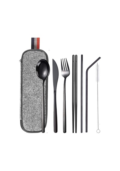Valkyrie 8 Parça Çantalı Yolculuk Çatal Bıçak Kaşık Pipet Chopstick Seti Kamp Okul Ofis Tatil Paslanmaz Çelik Siyah Siyah