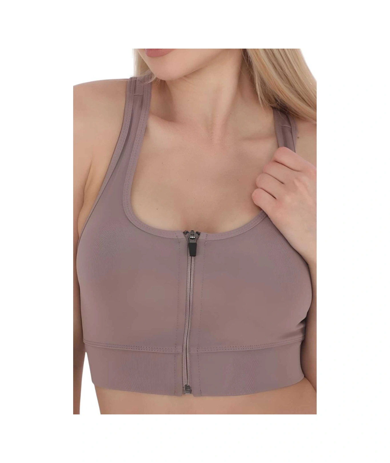 Tezzgelsin Kadın Fermuarlı Sporcu Crop Kadın Büstiyer Vizon