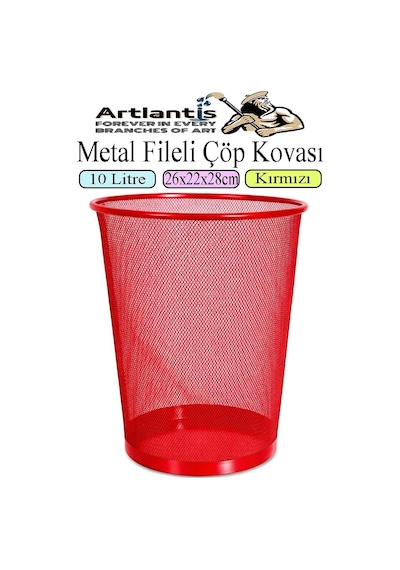 Renkli Çöp Kovası Paslanmaz Çelik Fileli 1 Adet Ofis Büro Okul Çöp Kovası Metal Delikli Kolay Kullanım Kırmızı