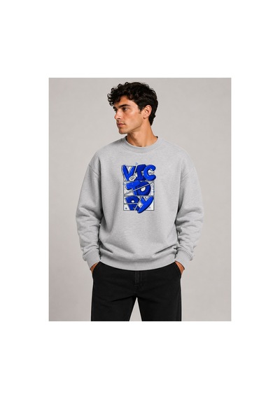 Herkesemoda Victory Baskı Detaylı Bisiklet Yaka Şardonlu 2 İplik Sweatshirt Gri