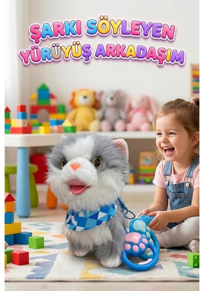 Şarkı Söylüyen Yürüyüş Arkadaşım - İnteraktif Tasmalı Kumandalı Pilli Sesli Oyuncak Peluş Kedi Gri