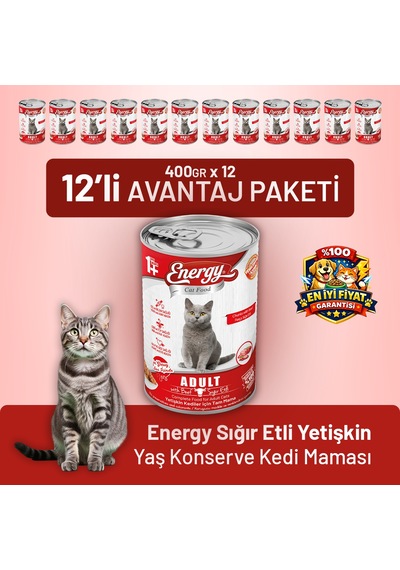 Energy Sığır Etli Yetişkin Yaş Kedi Maması 12 x 400 G