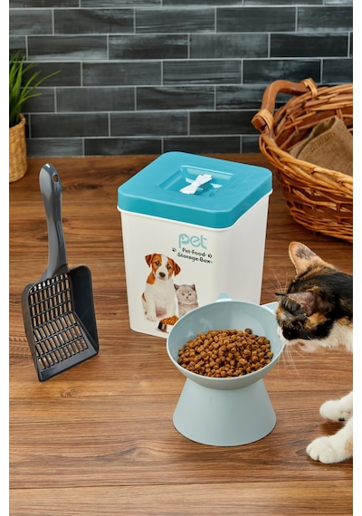 Evcil Hayvan Kedi Ve Köpek Mama Saklama Kabı & Mama Kabı Seti Kürek Hediyeli 3'lü Set - Mavi
