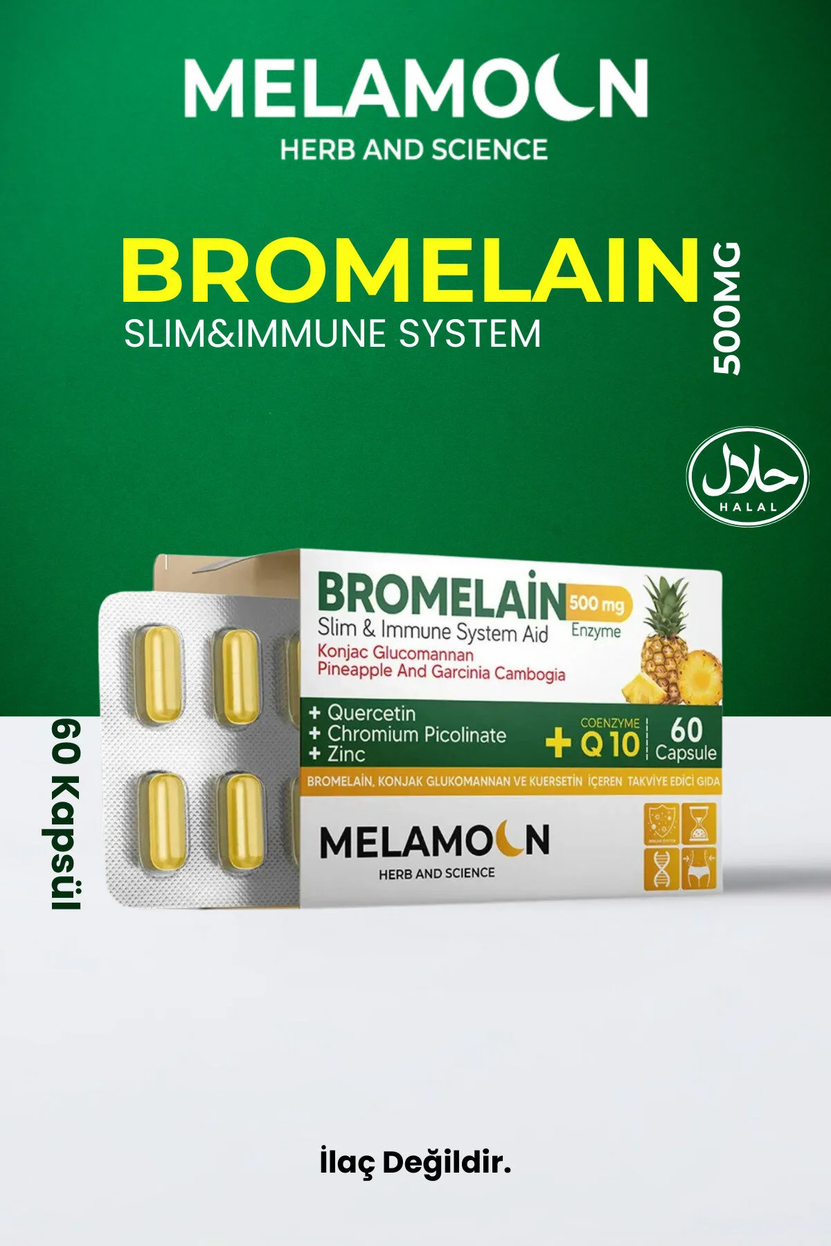 Bromelain 500 Mg Ve Konjak Glukomannan Koenzim Q10 Bromelin -krom Pikolinat 60 Kapsül