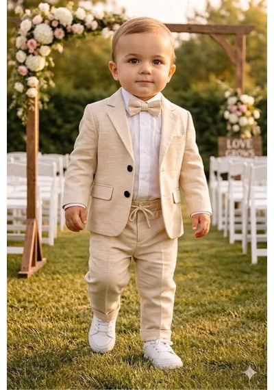 Baby Kids Colors Flamlı Keten Salaş Ceketli Takım Elbise/gömlek Pantolon Ceket Papyon Ay Grubu Zıbınlı Bej