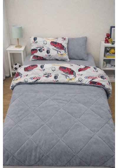 Uzay Desenli Welsoft Yorgan Tek Kişilik Set Gri Gri