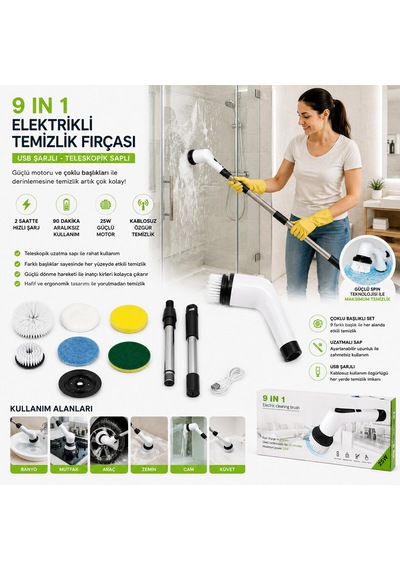 Tech Rzg-2026 Elektrikli Şarjlı Temizlik Fırçası 25w 9ın1 Kablosuz Hızlı Şarj