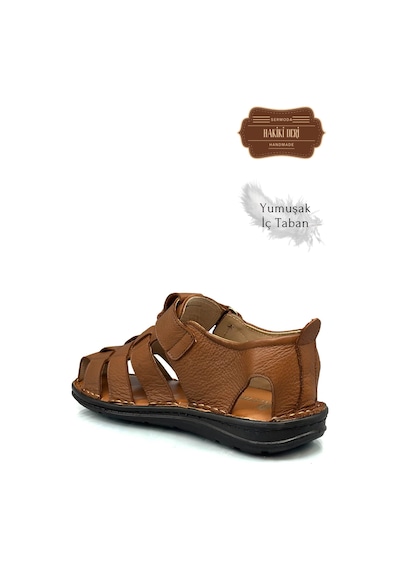 Sermoda Hakiki Deri Burnu Kapalı Erkek Sandalet Taba