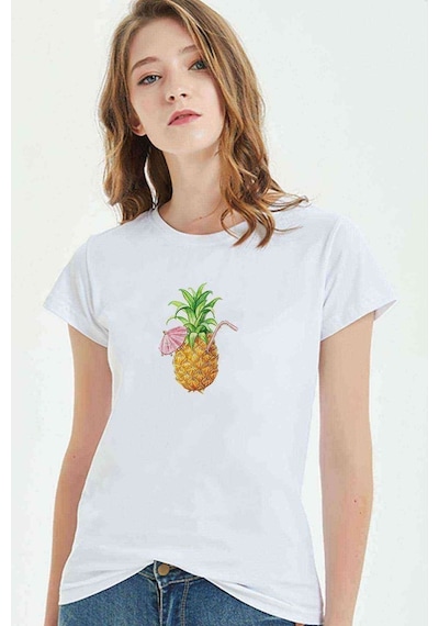 Suyu Smoothie Ananas Çizim Meyve Ananas Baskılı Beyaz Kadın Tshi