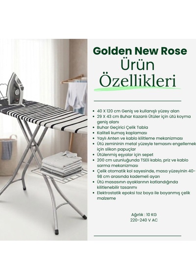 Uykula Evin Golden New Rose Buhar Kazanlı Ütü Masası - 40x120 Cm - Tseli Kablolu Beyaz