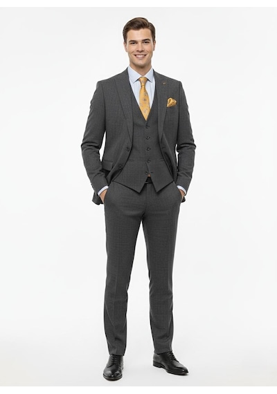 Presto Erkek Slimfit Armürlü 6 Drop Yelekli Takım Elbise Füme 786-070 Gri