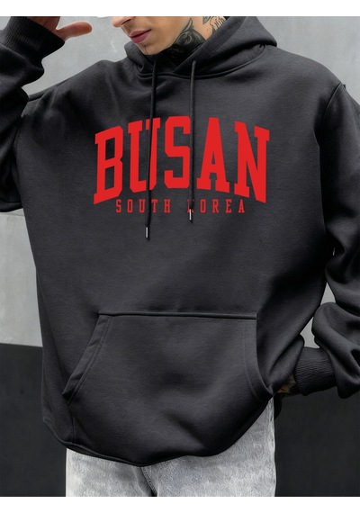 Startmore Startmorebusan Güney Kore Mektup Desen Erkekler Büyük Boy Hoodie Rahat Hoody Sonbahar Moda Streetwear Antrasit