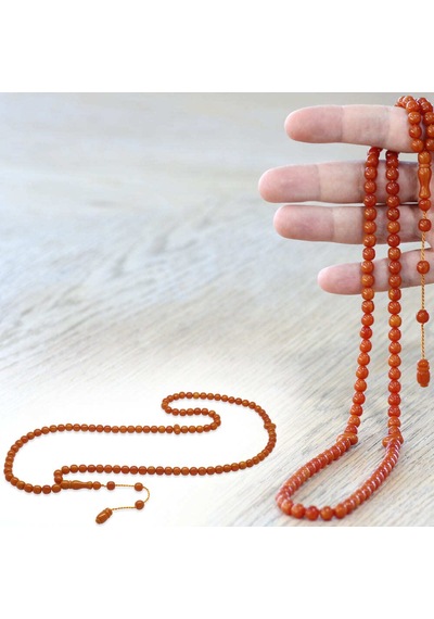 Tesbihname Sıkma Kehribar Namaz Tesbihi - Sistemli - Kahverengi - Özel Kesim