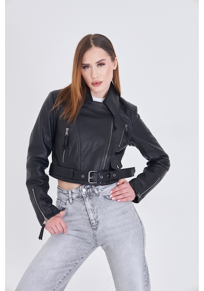 M M Marki Marki Kadın Siyah Hakiki Deri Crop Ceket Biker Stil, Kruvaze Yaka, Kemerli, 52 Cm - 117622