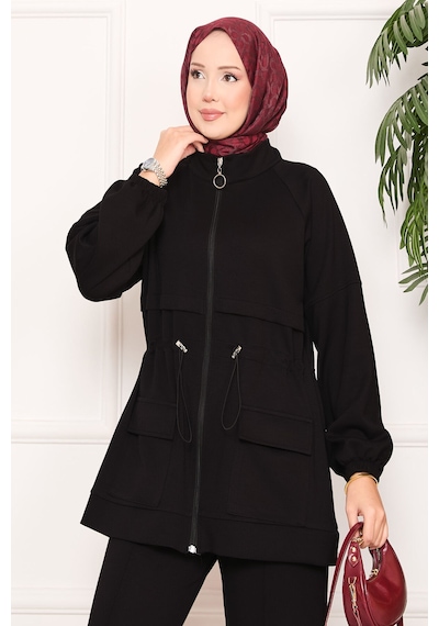 Butik Kadın Siyah Fermuarlı Cep Detaylı Tesettür Eşofman Takımı Siyah Siyah