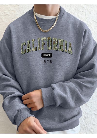 Startmore Startmorekaliforniya 1978'den Beri Baskılı Erkek Sweatshirt Kışlık Bol Kapüşonlu Spor Bisiklet Yaka Po Gri