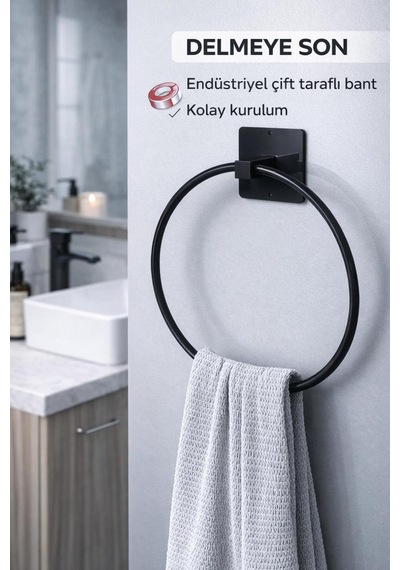 Yapışkanlı Yuvarlak Havluluk Banyo Mutfak Havlu Askılık Siyah Diğer