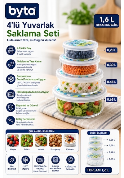 4'lü Yuvarlak Gıda Saklama Kabı Seti Toplam 1,6 L Kapaklı Şeffaf Plastik Saklama Kabı Mor Mavi Pembe Siyah 1 Adet Karışık Renk Gönderilir Şeffaf