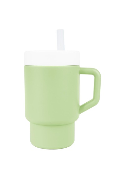Pandish Mugley Tek Kulplu Kapaklı Pipetli Silikon Alıştırma Bardağı - Yeşil Matcha Yeşil
