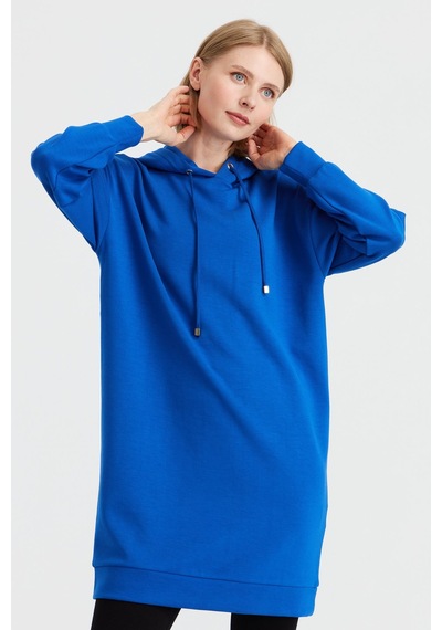 Desen Triko Kadın Kapüşonlu Sweat Elbise Saks Saks