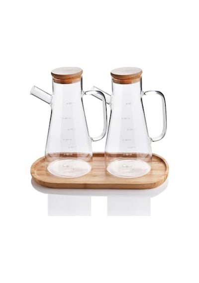 2x900 Ml Standlı Cam Yağlık Seti Sütlük Sosluk Vakumlu Bambu Kapaklı Borosilikat