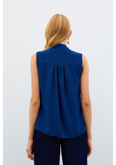 Sateen Fularlı Kolsuz Bluz - Lacivert-134893 Lacivert