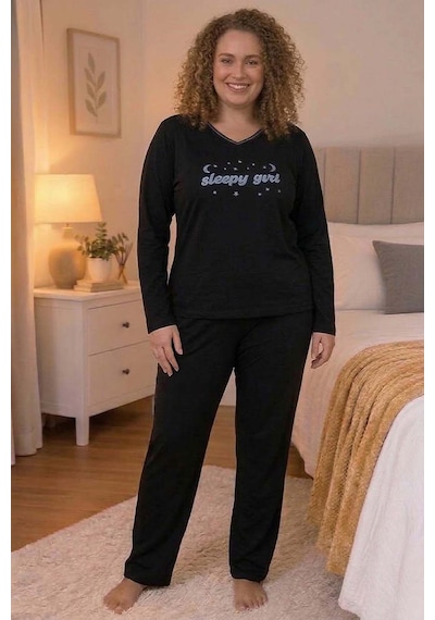 Büyük Beden Kadın Baskılı Kaşkorse Pijama Takımı Siyah